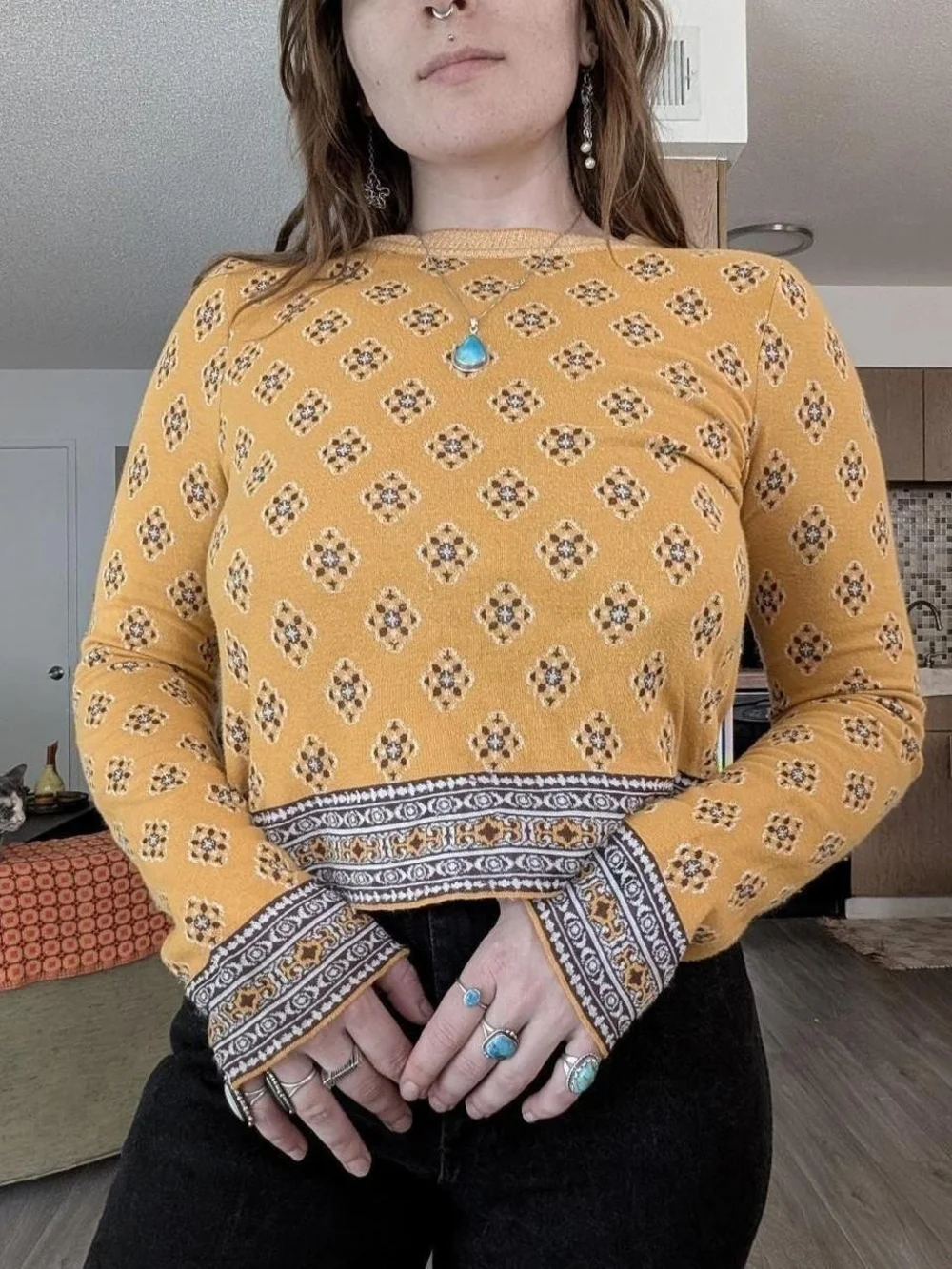 Free People Mustard Yellow Patterned Top